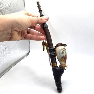 Antique Ceramic Pipe Mid 19th Century Wood Base 11.5 in tall